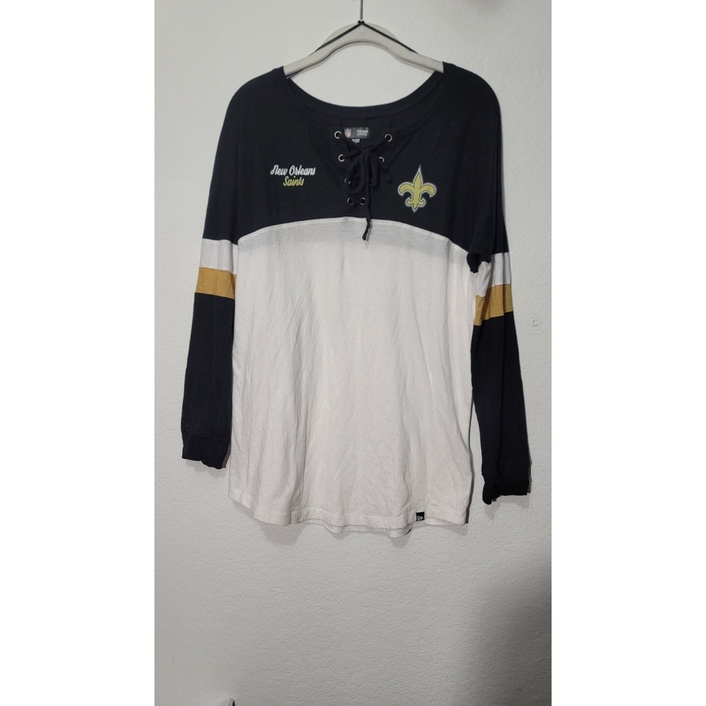 Women's New Orleans Saints New Era White/Black Varsity Lace-Up VNeck Long Sleeve